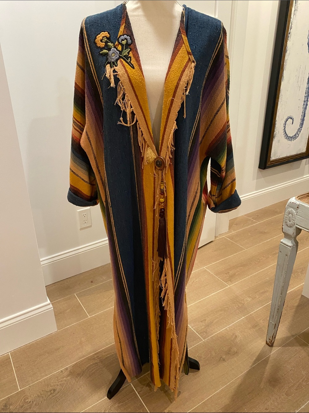 Long Multicolor Southwestern Fringe Open-Front Coat Duster